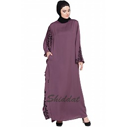 Embroidered abaya with Butterfly sleeves- Plum color